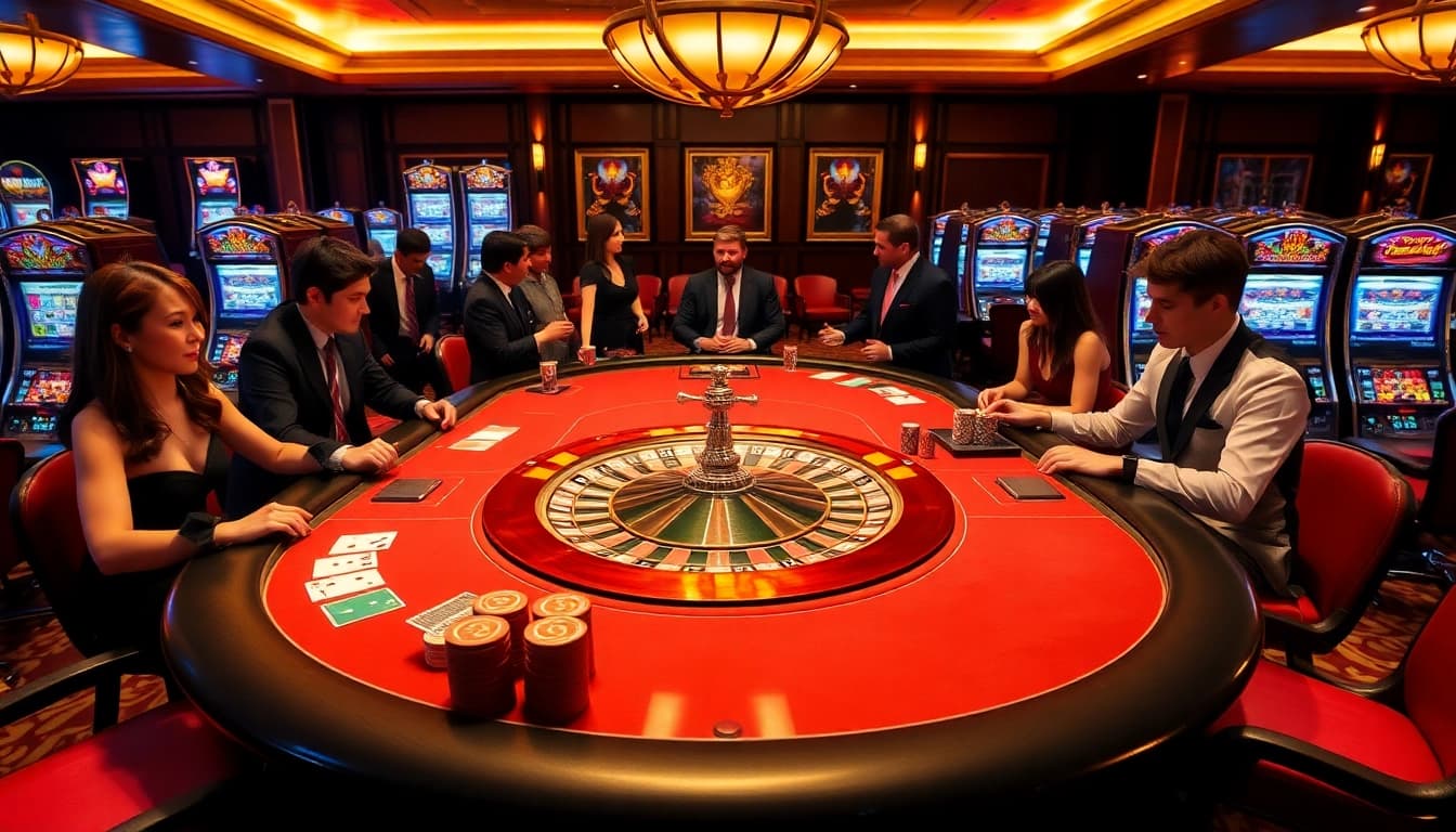 Immersive casino experience at G28 with elegant gaming tables, poker chips, and roulette wheel.