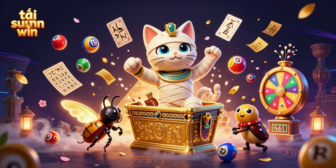 Play and win with tải sun win in this vibrant casino illustration featuring an Egyptian mummy cat.