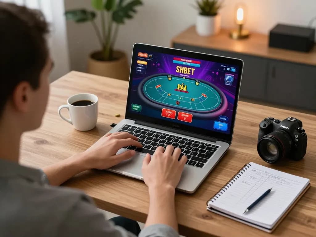 Engaging in SHBET online poker gameplay from a cozy home office setup, emphasizing strategic betting.