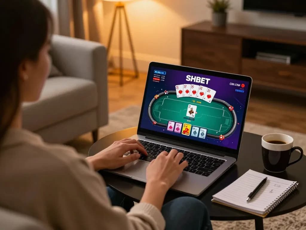 Engaging in lively poker gameplay on SHBET .COM with dynamic visuals and strategy notes by the side.