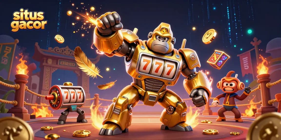 Engage with situs gacor in a dynamic 3D scene featuring a golden gorilla mech amidst slot machine elements.