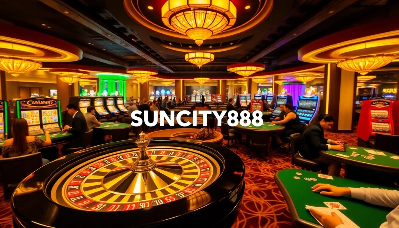 Engaging scene of SUNCITY888 casino excitement with roulette, cards, and colorful slot machines.