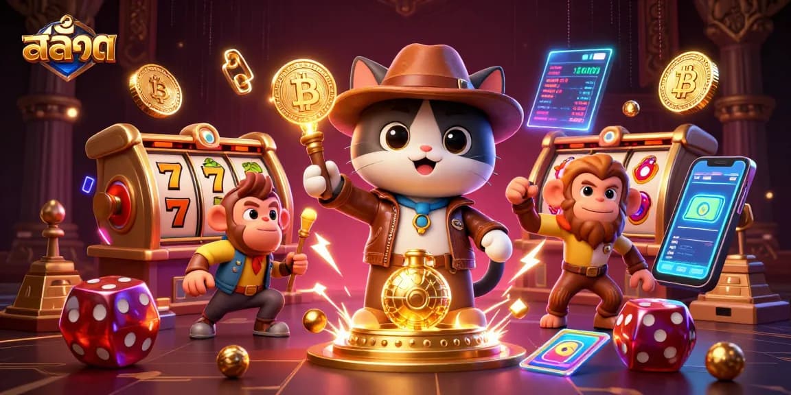 Spin the slot reels and jackpot with the 3D cartoon explorer cat in this vibrant casino scene.