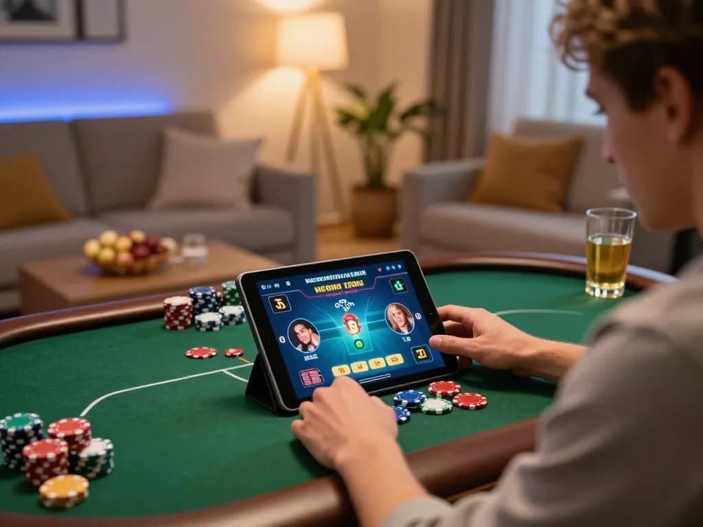 Player experiencing online poker excitement with 789win on tablet, showcasing responsible gaming in a cozy setting.