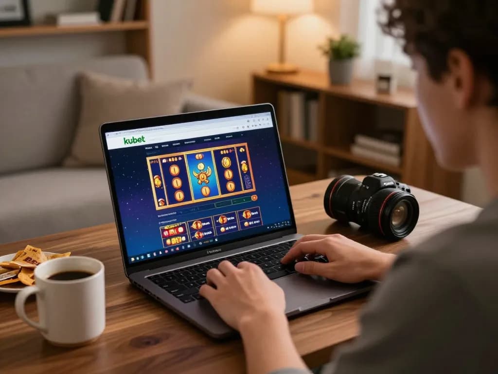Engaged player exploring kubet online casino options at home with a laptop and snacks.