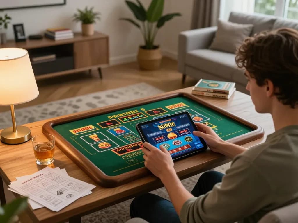 Engaging user plays kuwin games on tablet while enjoying home comforts.