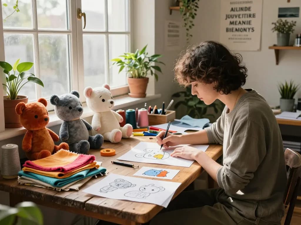 Creating custom plushies in a cozy studio with colorful fabrics and sketches.