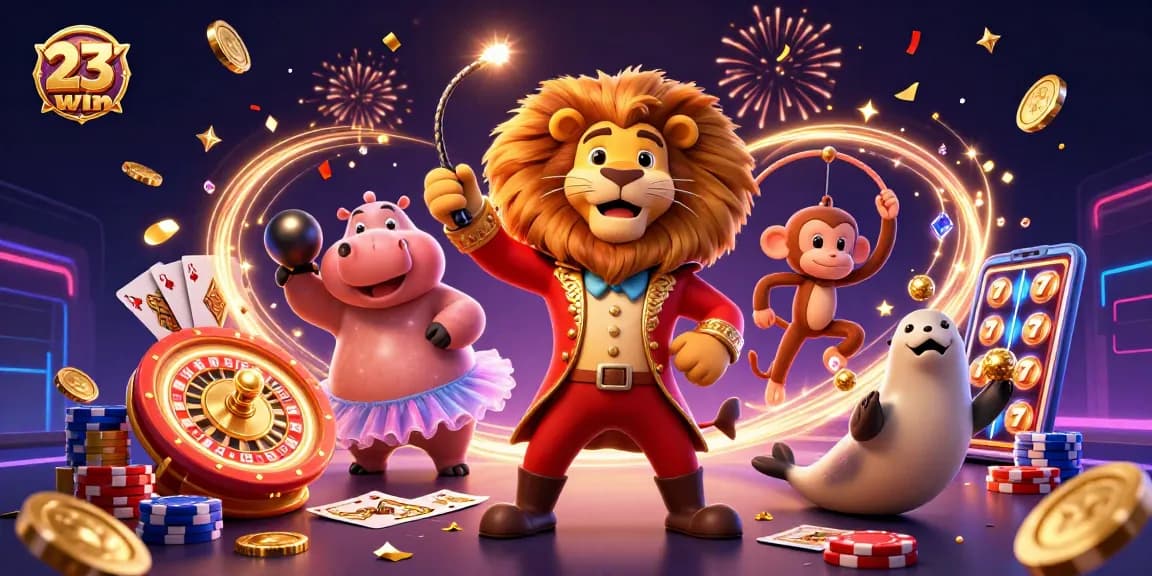 Join the excitement of 23win with a dynamic circus scene showcasing thrilling games and lively characters.