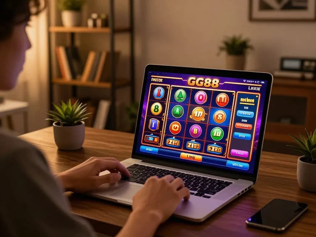 Engaging with GG88 slot Link in a stylish home environment, showcasing vibrant slot machines on screen.