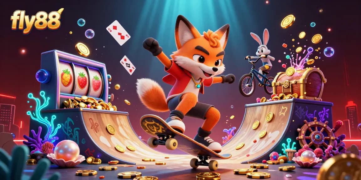Engage with fly88's thrilling online slots featuring a vibrant 3D fox and rabbit in action.