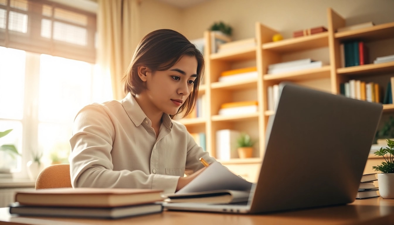 Engaged student utilizing online exams help while studying in a bright home office.
