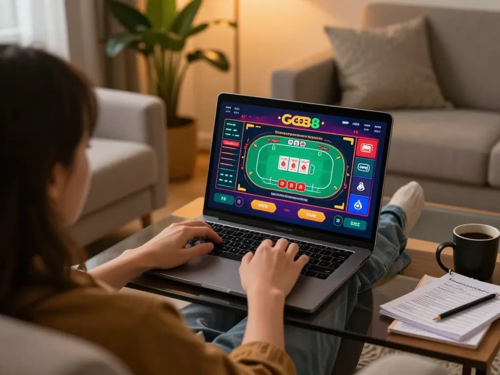 Engaging in GG88 online gaming from the comfort of home with poker game displayed on a laptop.