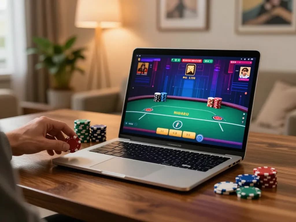 fly88 player engaging with exciting online poker game on a sleek laptop in a warm home setting