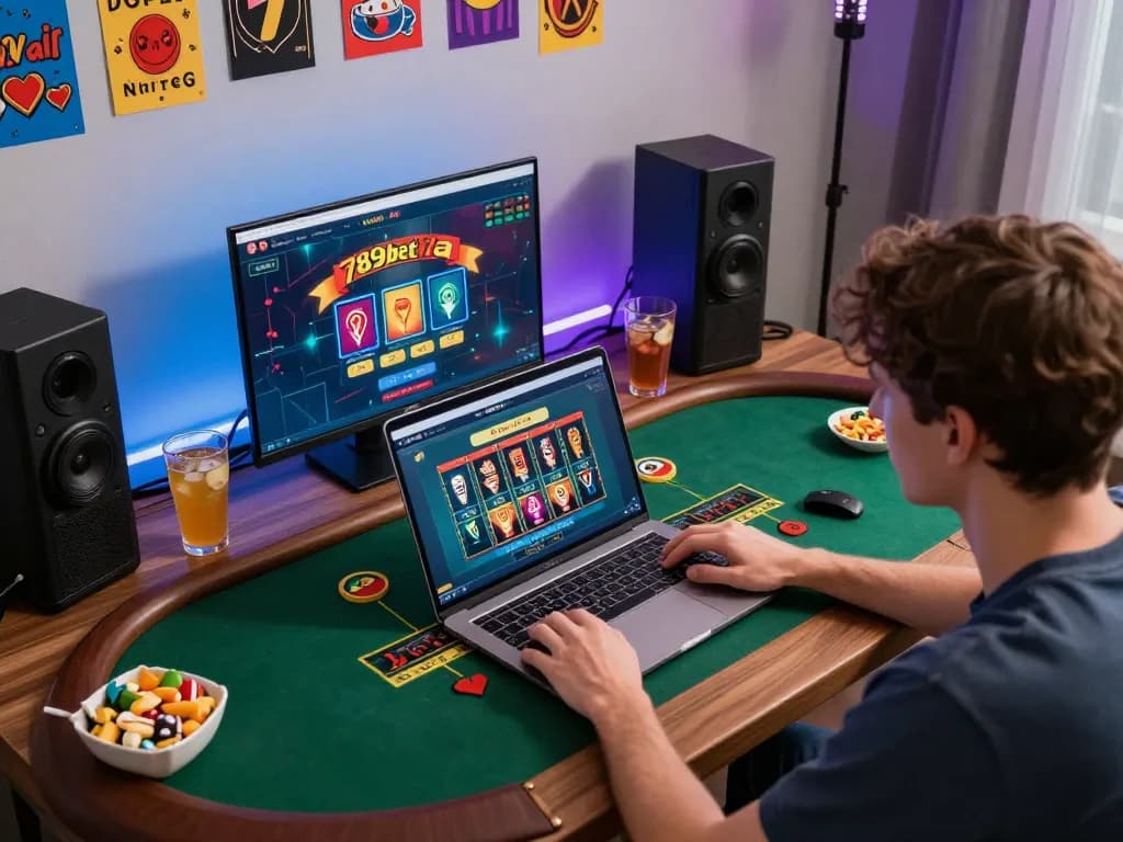 Player enjoying live dealer games on 789bet7a in a cozy home setting with snacks around.