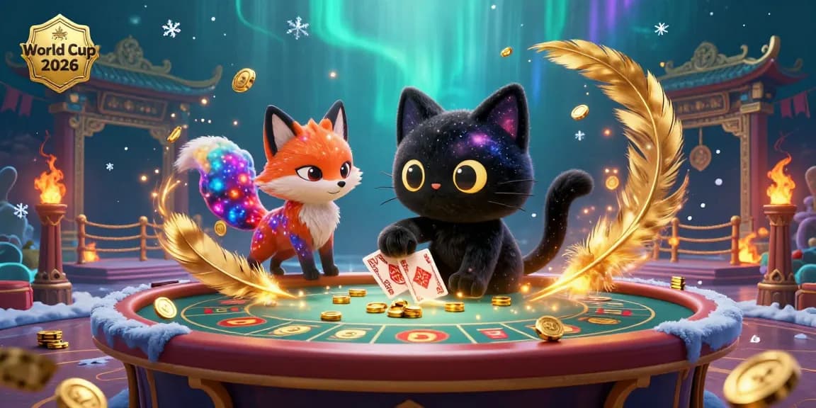 Experience the cosmic gambling thrill of World Cup 2026 with 3D characters at a lively casino table.
