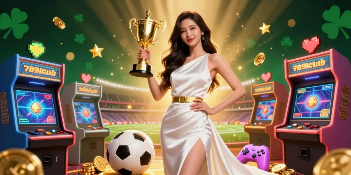 Experience winning moments at 789club with vibrant 3D gaming celebration featuring trophies and colorful arcade games.