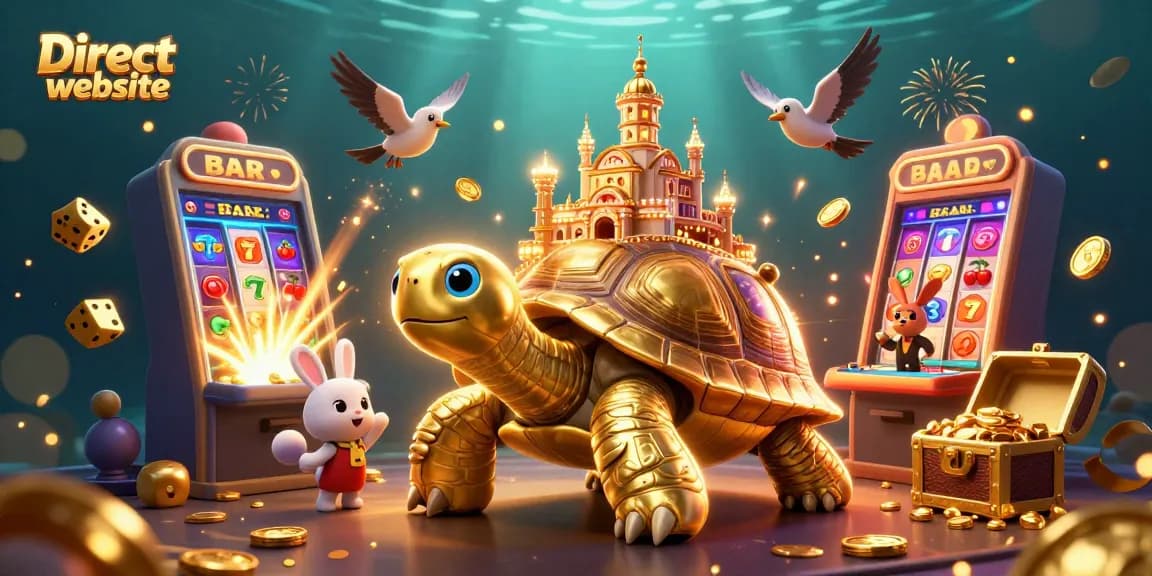 Experience thrilling action on the Direct website with a vibrant 3D casino scene featuring a golden tortoise and lucky symbols.