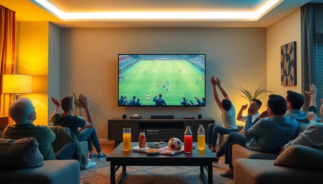 Engaging live sports streaming scene on joemadfan.com showcasing soccer fans watching high-quality matches.