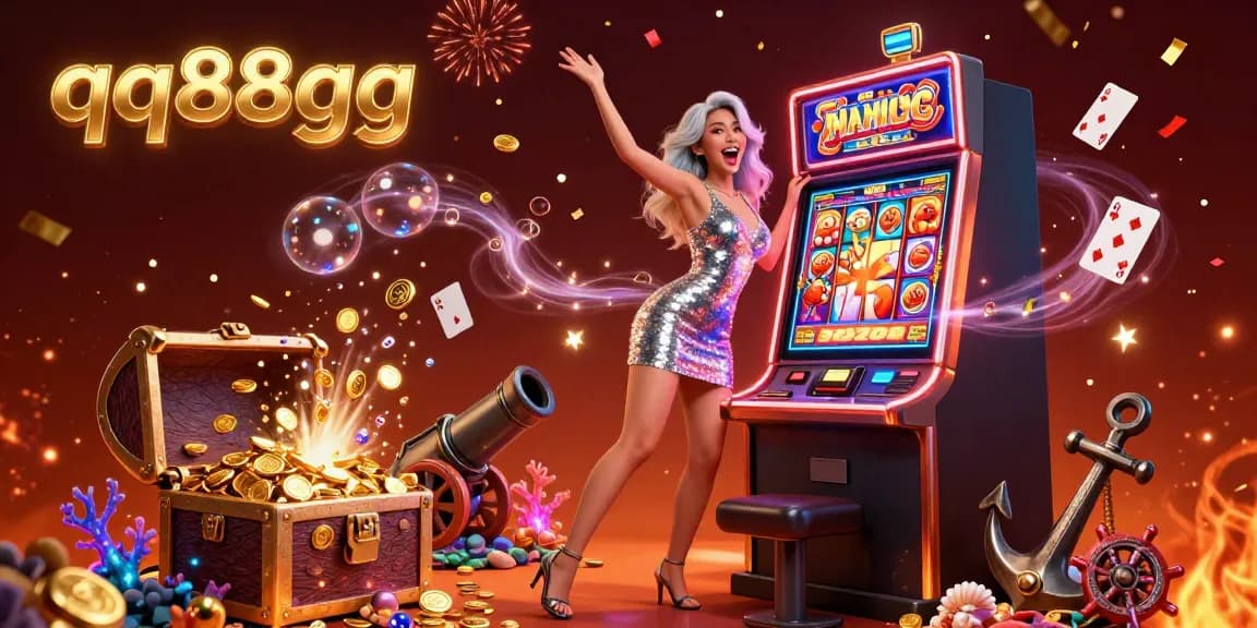 Celebrate winning moments at qq88gg with vibrant casino scenes, neon lights, and gold coins.