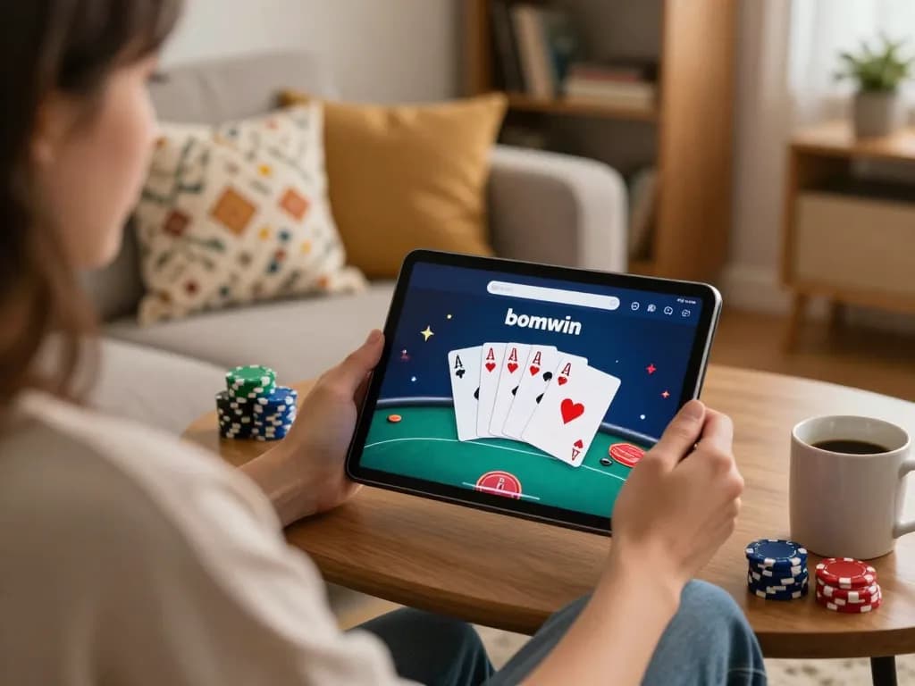 Player enjoying poker on bomwin app in a cozy home setting with warm lighting and friendly atmosphere