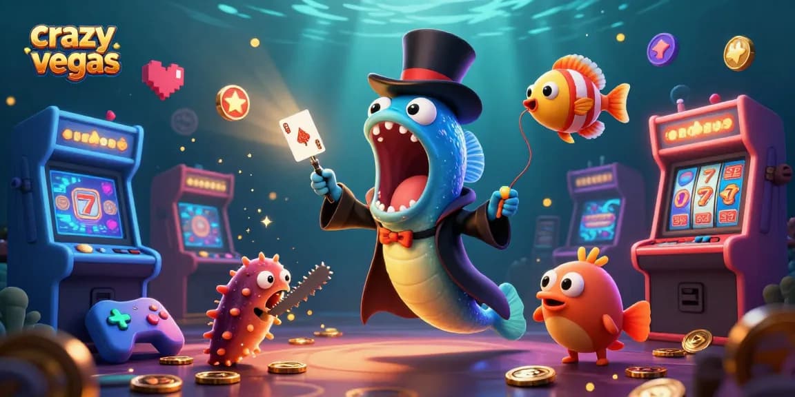 Experience thrilling gameplay with crazyvegas as deep-sea characters perform magical slots tricks in an underwater casino.