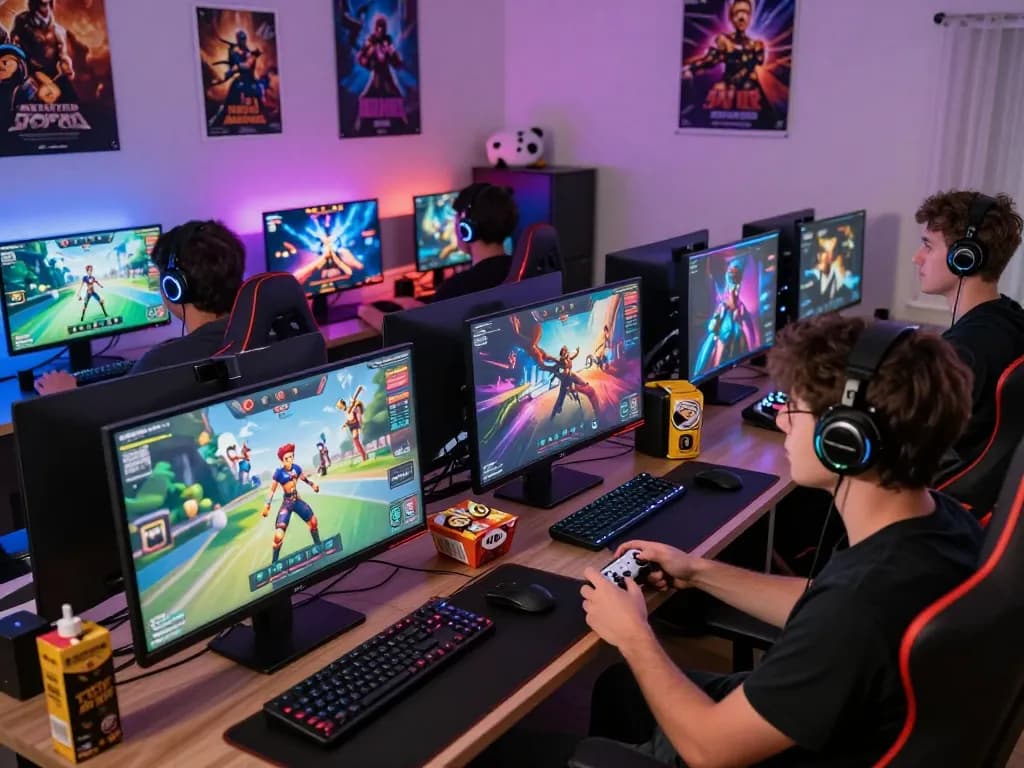 Engaged players enjoying a colorful porn game in a cozy gaming setup.