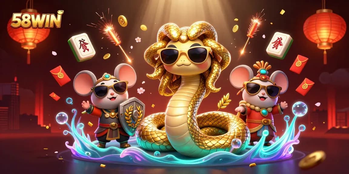Experience 58WIN's immersive gaming world with a vibrant Medusa and warrior in a rich casino setting.