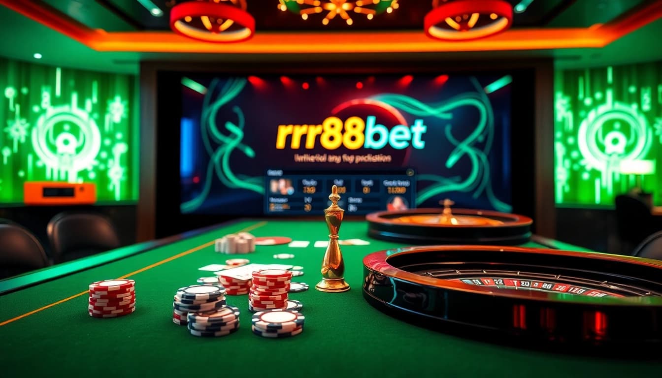 Experience the thrill of rr88bet at a luxurious casino table with vibrant poker chips and roulette.
