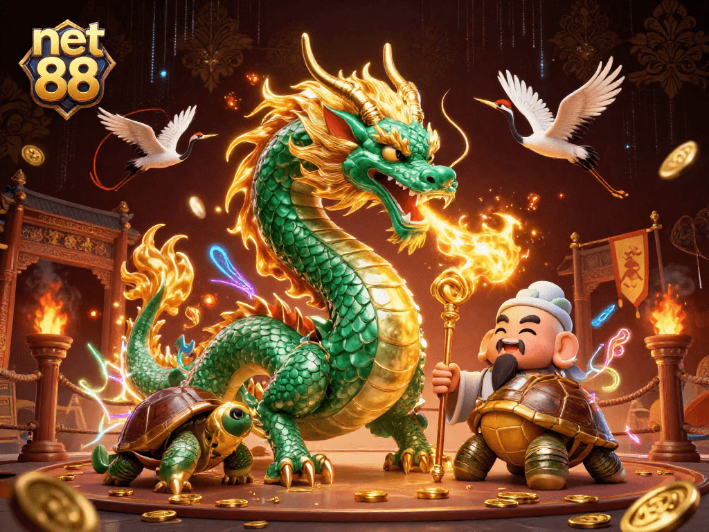Experience thrilling net 88 action with a vibrant 3D dragon, turtle sage, and cranes in a rich casino scene.