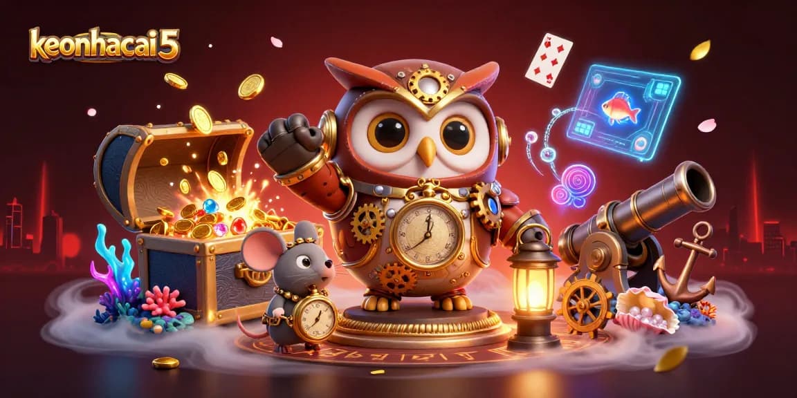 Engage with keonhacai 5 while exploring an active casino scene illustrated in 3D style.