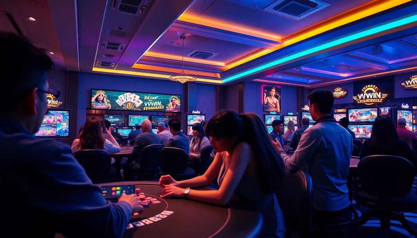 Engaging scene showcasing online gaming excitement at vvvwin88.live with players enjoying various casino games.