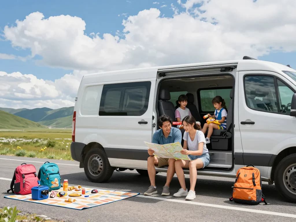 Minivan parked in a national park with a family enjoying a road trip.