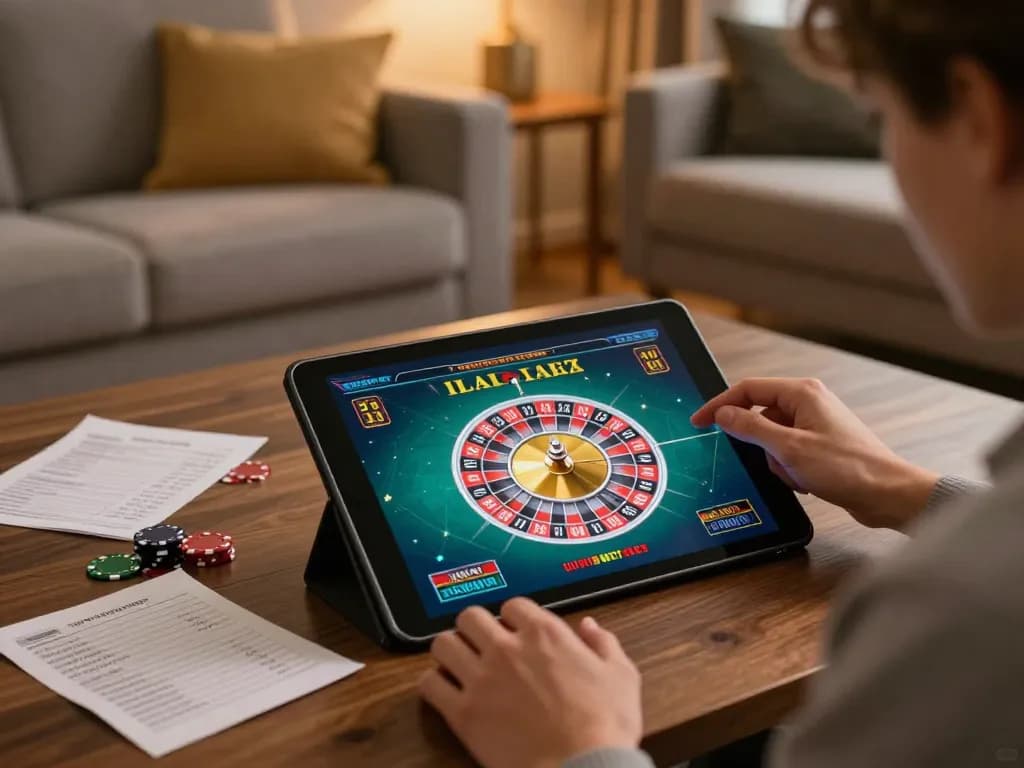 Player enjoying 789WIN roulette game on tablet in a cozy living room setting.