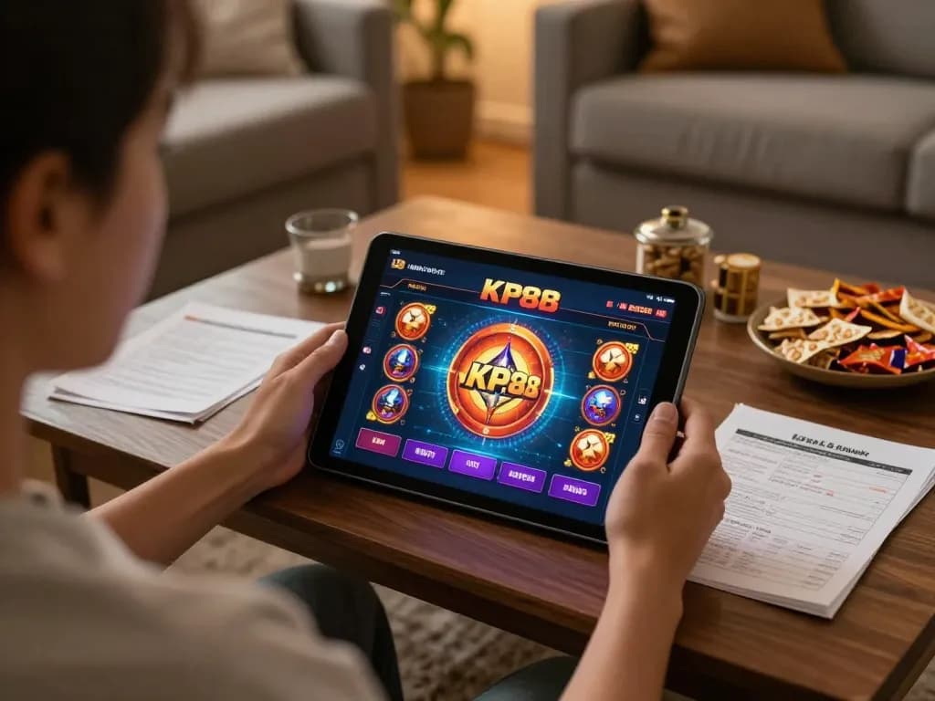 Engaging with KP88 online gambling on a tablet in a cozy home setup, emphasizing strategy.