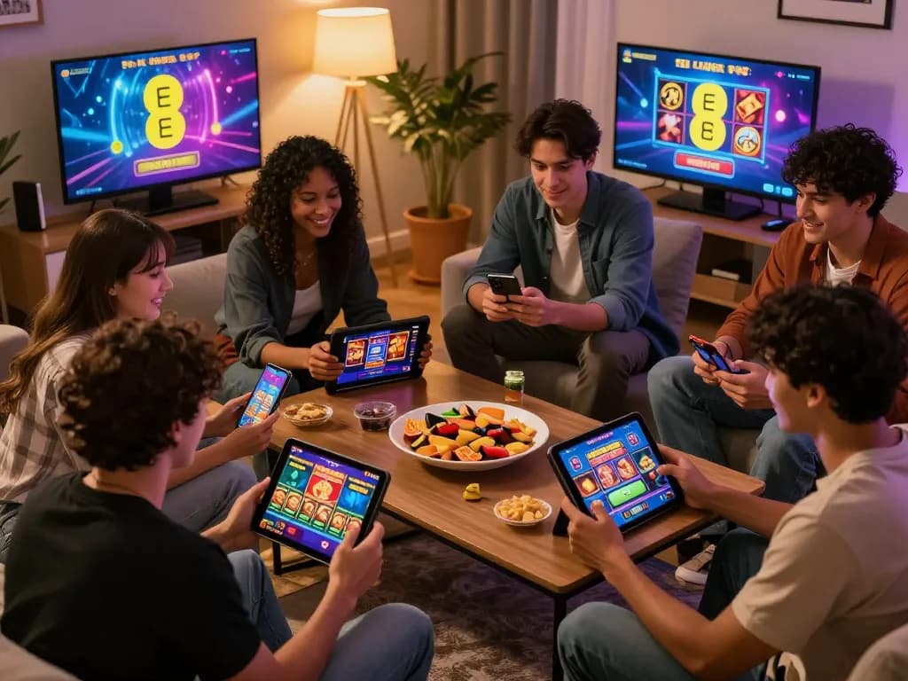 Friends enjoying gaming on EE88 platform with vibrant visuals and cozy atmosphere.