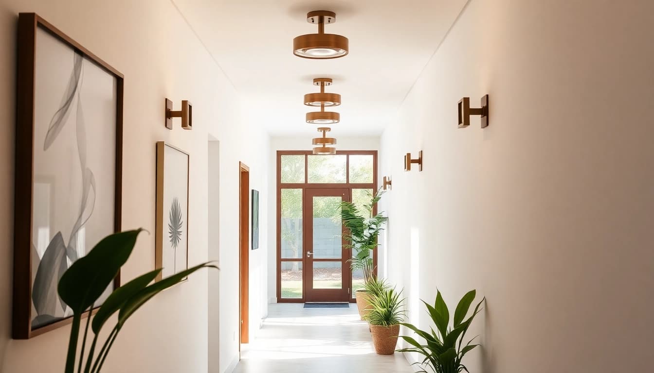 Bright hallway lighting fixtures illuminating a stylish modern entrance area with elegant decor.