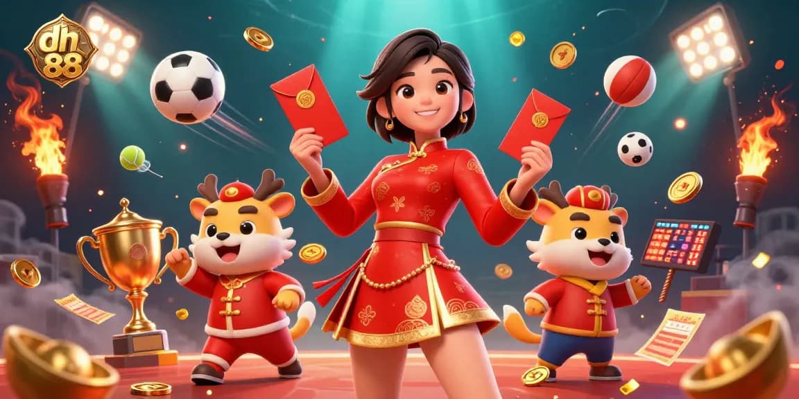 Experience thrilling gaming with dh 88, showcasing vibrant sports balls and festive characters in a lively casino scene.
