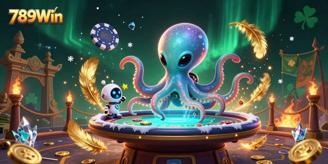 Play poker with 789Win in an exciting alien casino scene featuring an octopus and robot.