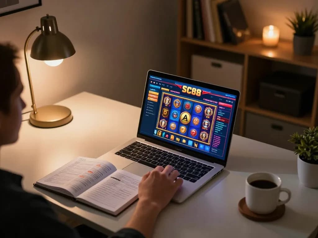 Engaging in online gambling through đăng ký SC88 interface on a stylish laptop at home.