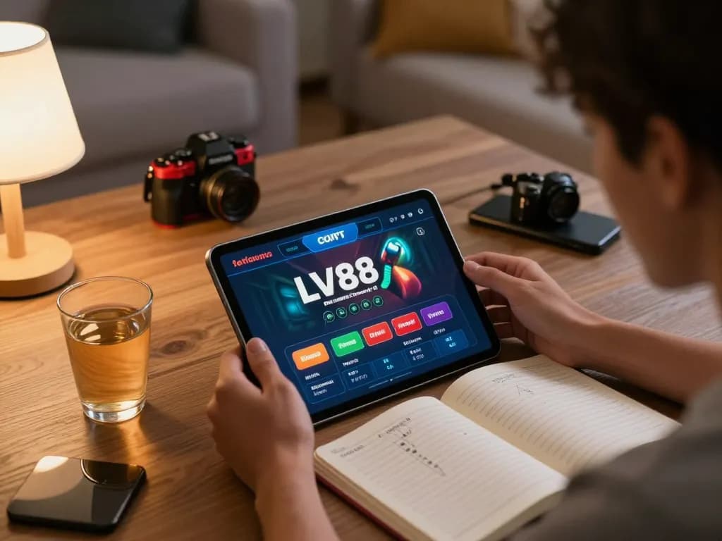 Player engaging with the LV88 casino app on a tablet surrounded by personal notes and cozy atmosphere.