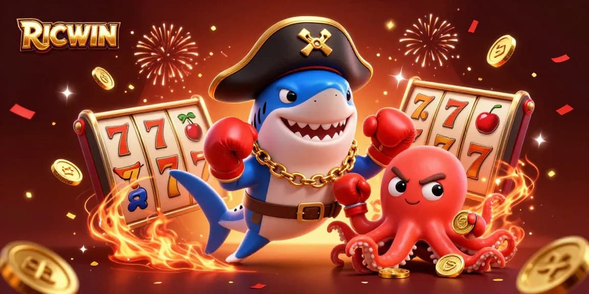 Join RICWIN's thrilling casino adventure with animated characters and vibrant slot game elements.