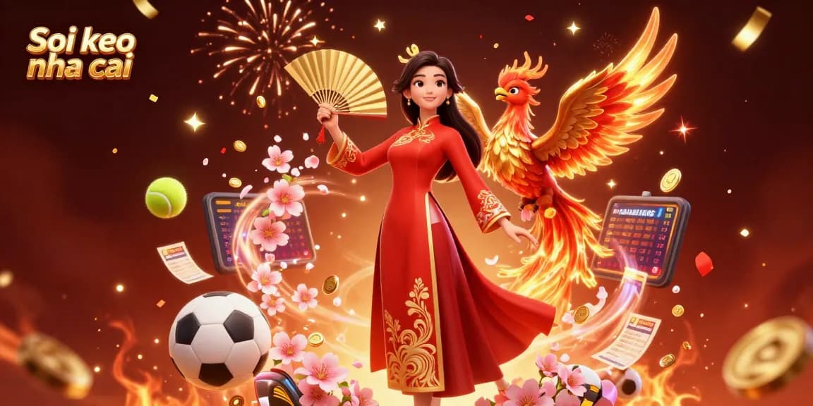 Soi keo nha cai showcases a graceful woman and phoenix amid immersive sports betting elements, embodying excitement and strategy.