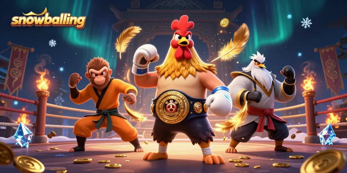 snowballing in an intense gambling scene with vibrant 3D characters, coins and betting tokens swirling