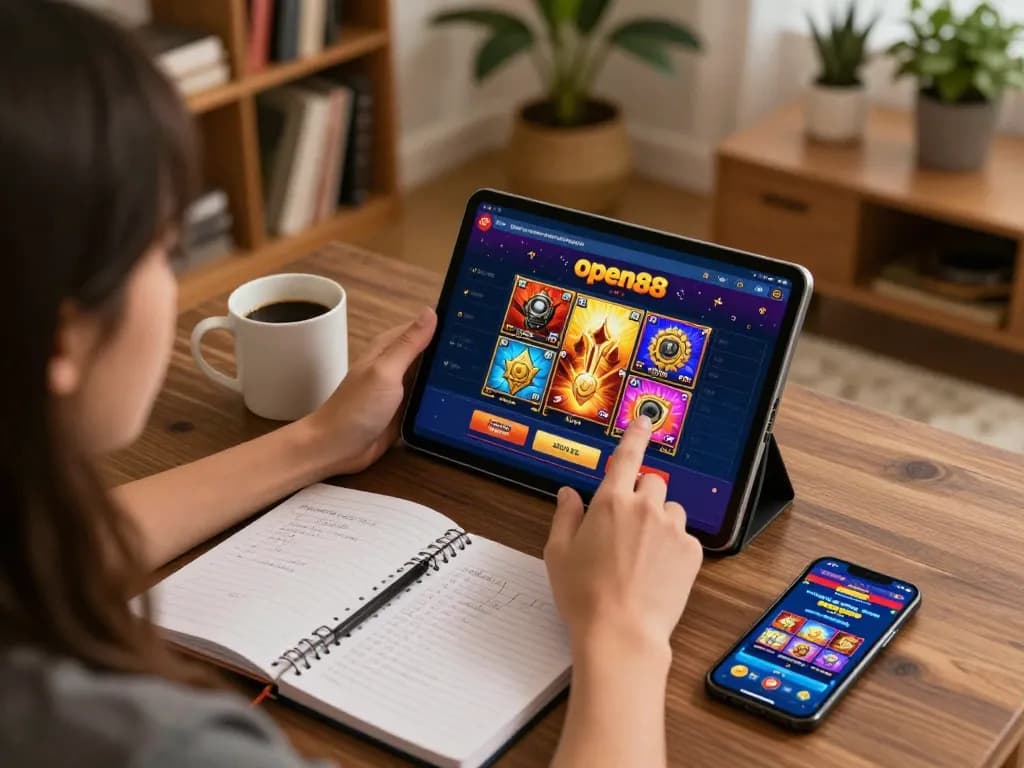 Engaged player using open88 online casino app on tablet at home, showcasing strategic gaming setup