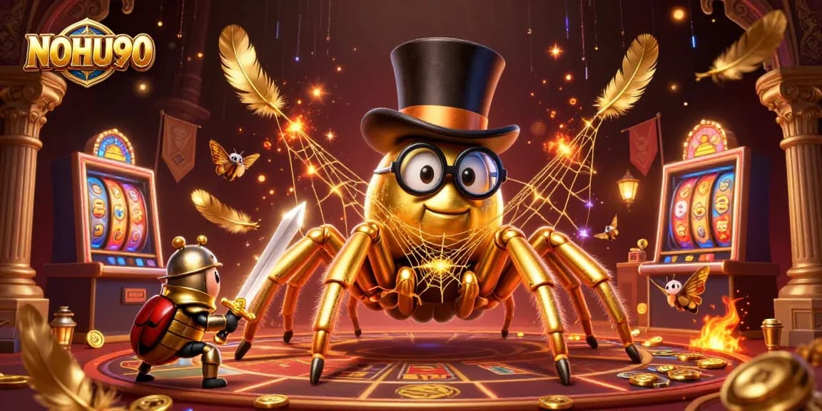 Experience the excitement at NOHU90 with a gold-themed casino scene featuring vibrant characters and slots.