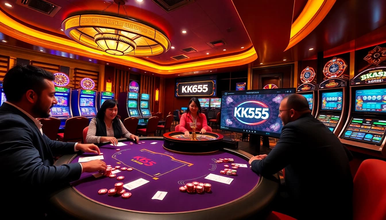Exciting gameplay at a KK55 poker table with vibrant chips and warm lighting.