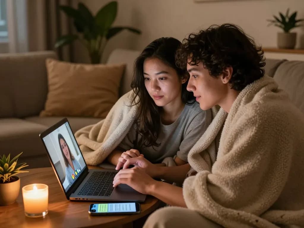 Couple enjoying a cozy sexchat experience online in an intimate living room setting.