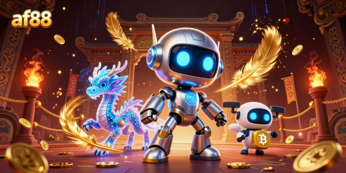 Experience the thrill of winning at af88 with a vibrant 3D casino scene featuring a robot mascot and holographic companions.