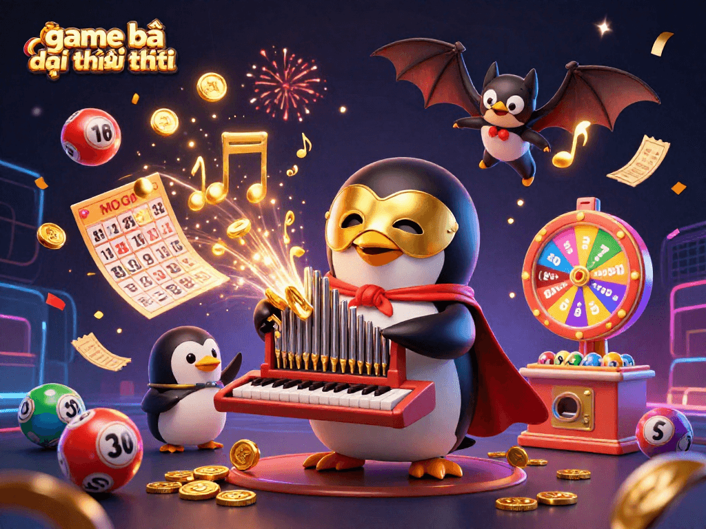 Experience the excitement of game bài đổi thưởng uy tín as a penguin plays organ while coins rain down.