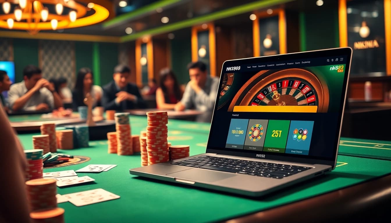 Engaged players navigating the nk88 web online casino interface, surrounded by gaming elements.